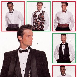 May include: A collage of six images showcasing different tuxedo styles for men. The images feature men wearing white shirts with bow ties, black vests, and black jackets. Some images show men wearing patterned vests, while others show men wearing solid-colored vests. The images are labeled with letters A, B, and C.