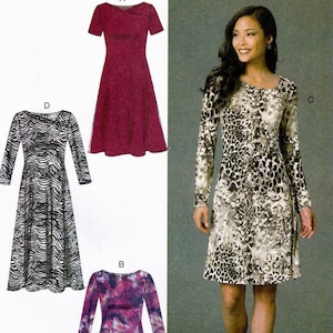 May include: Four different dress patterns with long and short sleeves. The dresses are in a variety of colors and patterns, including red, black and white stripes, purple and pink, and a leopard print.