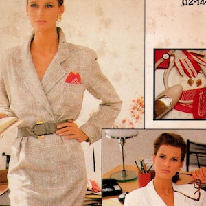 May include: Vintage sewing pattern for a career suit. The pattern features a blazer and skirt, with a belt. The image includes the text "Very Easy Very Vogue career" and the pattern number 7145, size 12-14-16.