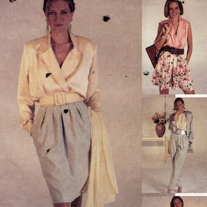 May include: Four women modeling different outfits. The first woman is wearing a light beige blazer with a light blue skirt and a white scarf. The second woman is wearing a pink blouse with a floral print skirt. The third woman is wearing a white blouse with a light blue pantsuit. The fourth woman is wearing a white blouse with pink pants.