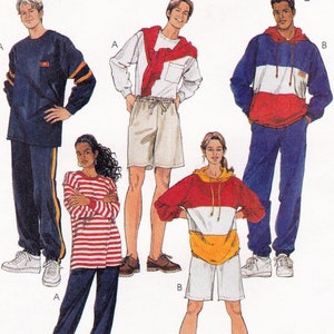 May include: A sewing pattern featuring four different outfits. The outfits include a blue and yellow tracksuit, a white and red striped shirt with blue pants, a white shirt with a red and white sweater and beige shorts, and a red, white, and yellow hooded sweatshirt with white shorts.