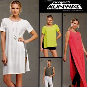 May include: Three different styles of white, green, and pink tops with side slits. The tops are shown on models wearing shorts, jeans, and black pants. The image includes the text "project runway" and "projectrunway.com".