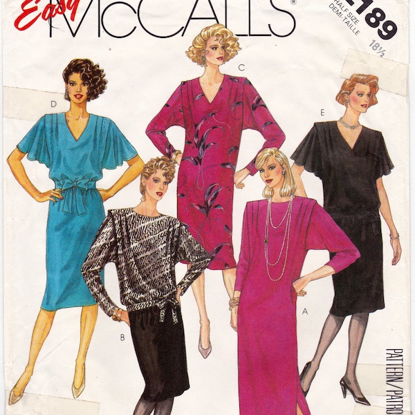 McCall's 2189 Vintage Sewing Pattern, Misses' Half Size Dress or Top, Skirt & Tie Belt Sewing Pattern, Size 18 1/2, ©1985