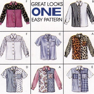 May include: A sewing pattern for a shirt with nine different variations. The pattern includes a variety of styles, including short-sleeved, long-sleeved, and button-down shirts. The pattern also includes a variety of fabrics, including stripes, polka dots, and floral prints. The pattern is called "Great Looks One Easy Pattern".
