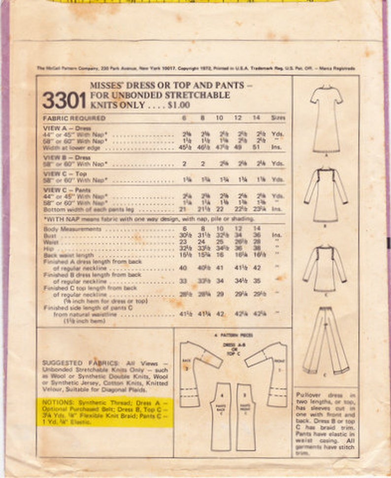 Mccall's 3301 Vintage Sewing Pattern Misses' Dress or - Etsy