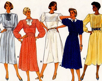 Butterick 3412 Vintage Sewing Pattern, Misses' Dress & Cummerbund ~ Front Tuck and Sleeve Variations Sewing Pattern, Size 16, ©1985, UNCUT