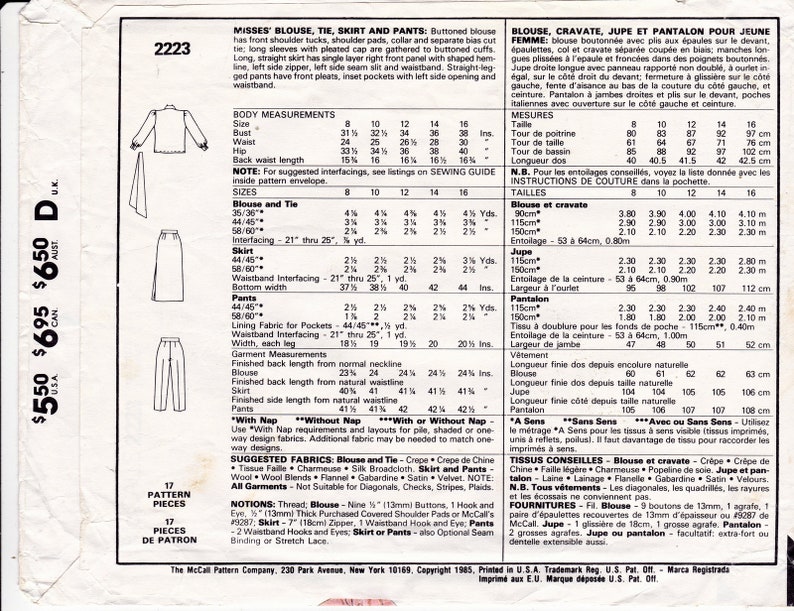 Mccall's 2223 Vintage Sewing Pattern Misses' Blouse - Etsy