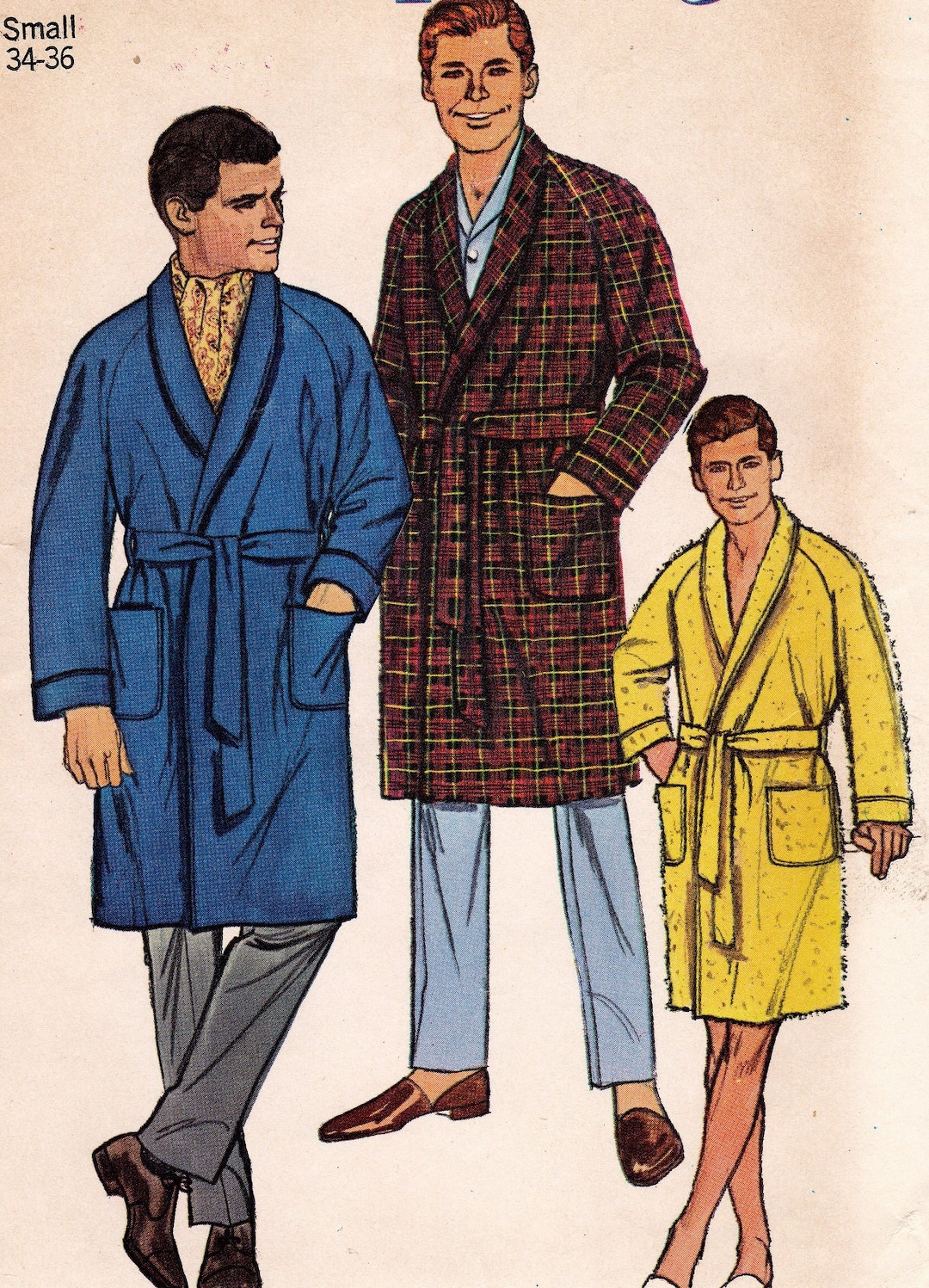 Simplicity 6756 Vintage Sewing Pattern, Men's Robe Wrap Front, Raglan Sleeves With Patch Pockets
