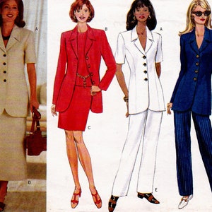 May include: A sewing pattern featuring three different outfits. The first outfit is a white jacket and skirt, the second is a red jacket and skirt, and the third is a blue jacket and pants.