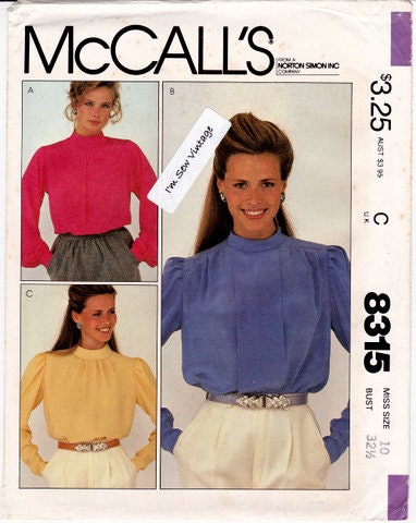 Mccall's 8315 Vintage Sewing Pattern, Misses' Pullover Blouses With ...