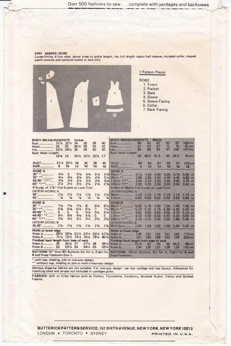 Butterick 5743 Vintage Sewing Pattern, Misses' Robe ~ Loose Fitting, A ...