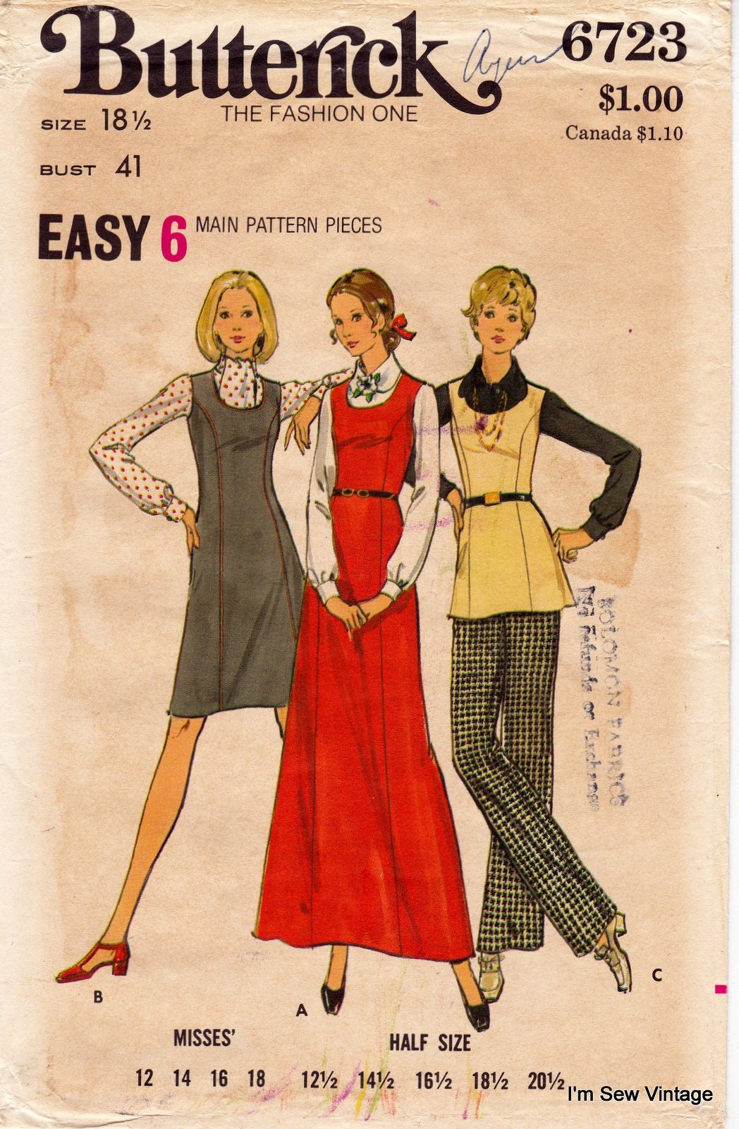 Butterick 6723 Vintage Sewing Pattern, Misses' Half Size