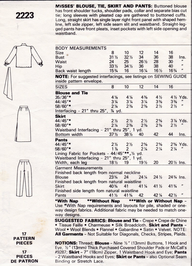 Mccall's 2223 Vintage Sewing Pattern, Misses' Blouse, Tie, Skirt ...