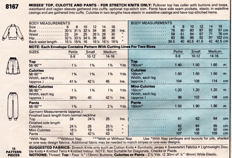Mccall's 8167 Vintage Sewing Pattern, Misses' Top, Culottes & Pants for ...