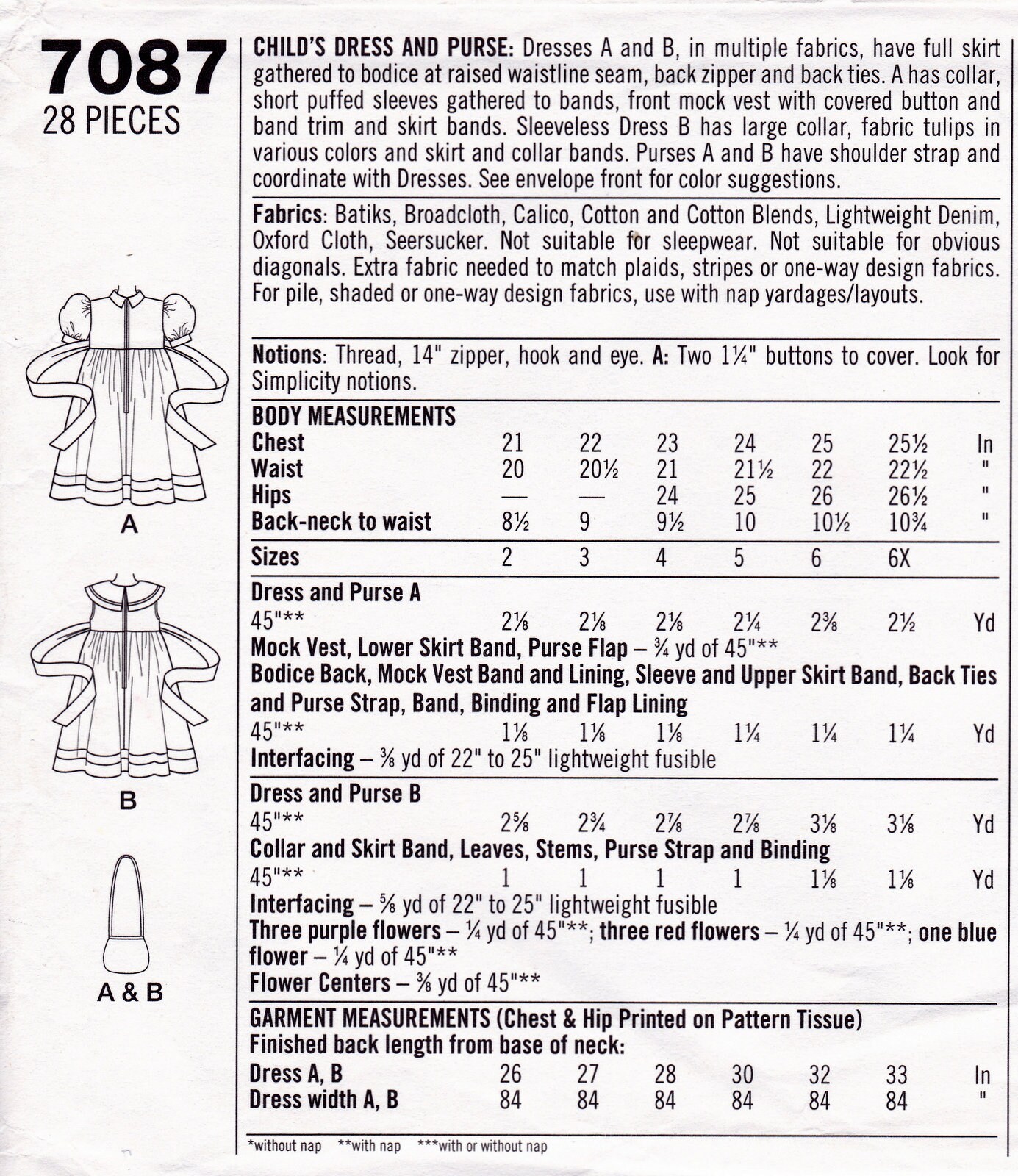 Simplicity 7087 Sewing Pattern, Girl's Dress and Purse, Sleeve & Collar