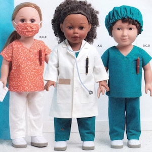 May include: Three dolls wearing different medical scrubs. The doll on the left is wearing a peach scrub top with white pants and a face mask. The doll in the middle is wearing a white doctor's coat with teal pants and a stethoscope. The doll on the right is wearing a teal scrub top with teal pants and a blue surgical cap. The text 'A,C' is visible on the image. The text 'B,C,E' is visible on the image. The text 'B,C,D' is visible on the image.