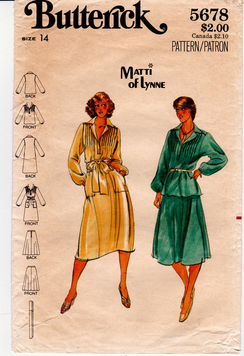Butterick 5678 Vintage Sewing Pattern, Misses Dress Top Skirt, Size 14 ...