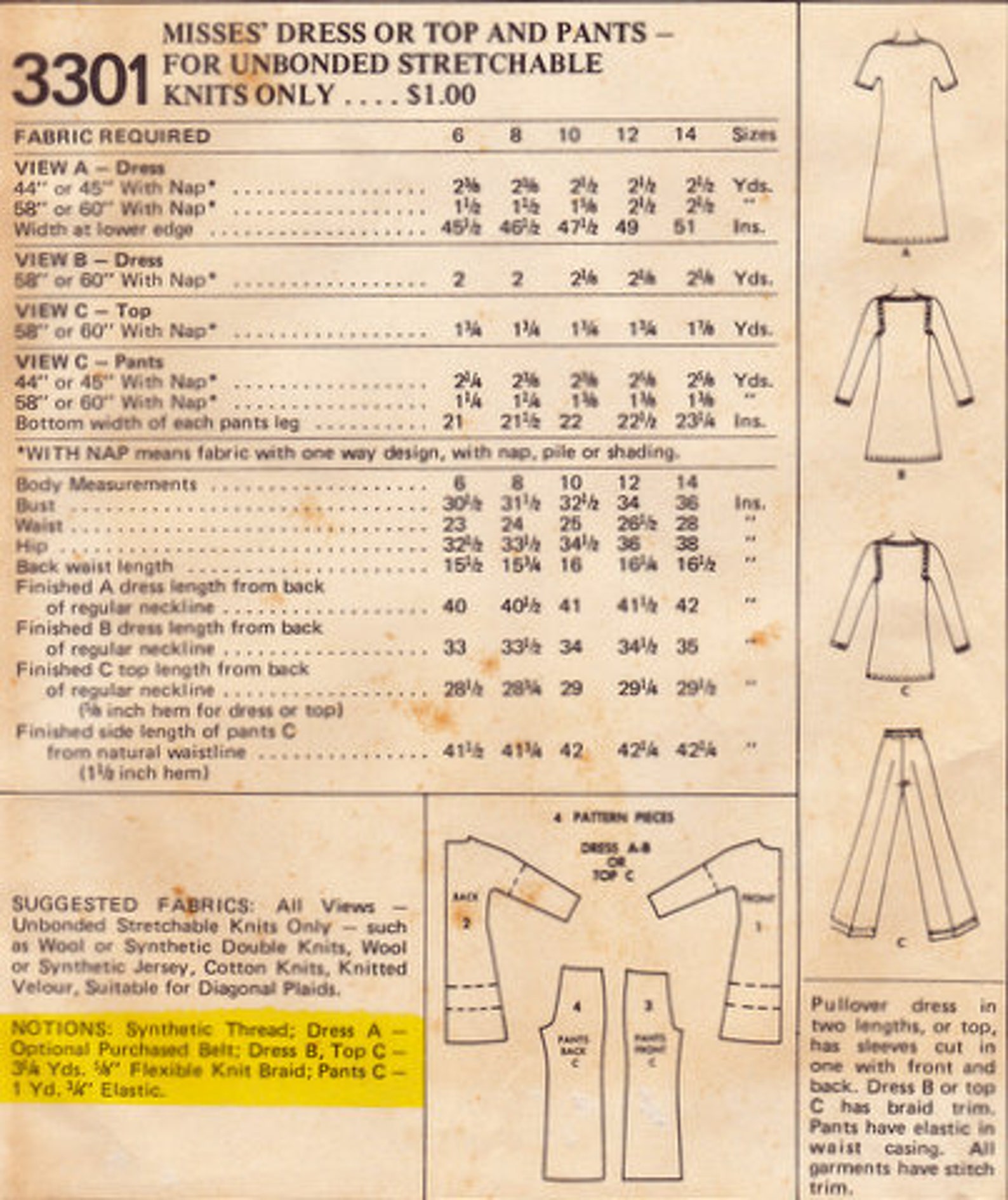 Mccall's 3301 Vintage Sewing Pattern, Misses' Dress or Top and Pants ...