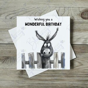 Te deseo un maravilloso cumpleaños - Tarjeta de cumpleaños divertida - Tarjeta de feliz cumpleaños - Diseño único - Caricatura de burro sobre valla - Animal - Lindo - Granja