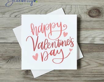 Happy Valentin’s Day Card. Great quality print on 300gsm linen card. Valentines, friends, loved one, pink, hearts