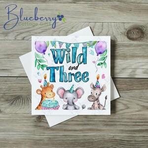 Karte zum 3.Geburtstag -Drei Jahre alt -Wild- Superheld -Freie Personalisierung -Leineneffekt 15 cm quadratisch Karte-Niedlich -Tiere -Ballons -Anpassen