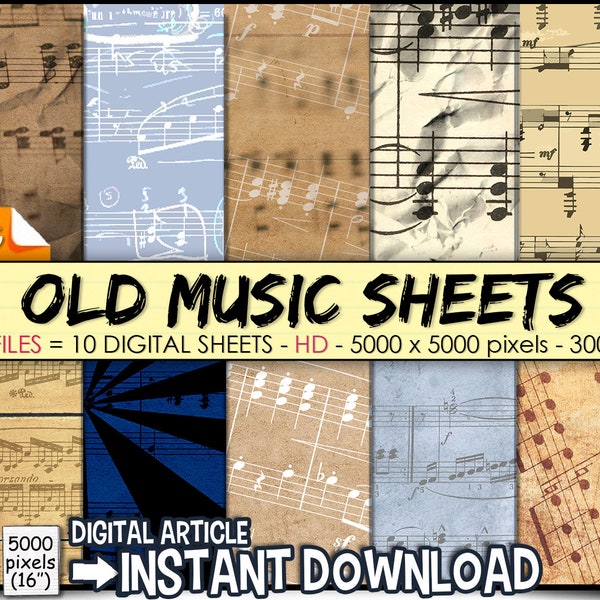 10 Papiers numériques partitions, musique, feuilles notes, portées, papier musique, musique, partitions usées, papier digital, clipart Jpg