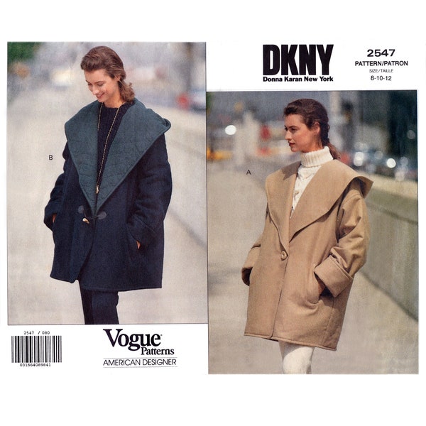 Vogue 2547 Pattern, Size 8-10-12, Misses Coat, American Designer DKNY Donna Karan New York, Uncut, Vintage 1990, Very loose fitting Jacket