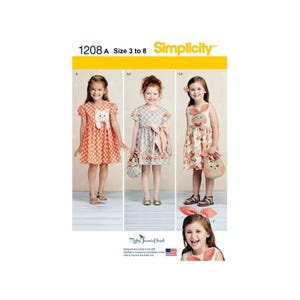 May include: Simplicity pattern 1208 A for girls' dresses, sizes 3 to 8. The pattern includes three different dress styles with a bunny, cat, or bow detail. The pattern is designed and printed in the USA.