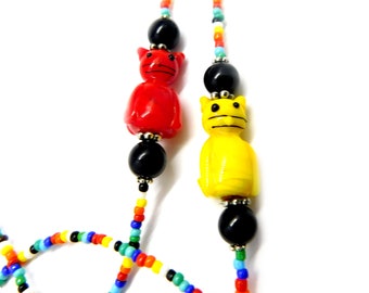 Glasses Chain, Cats with stupid looking faces, Hand Beaded, Eyeglass Strap, Chain, Holder Multicolor seed beads, silvertone findings, 30 in