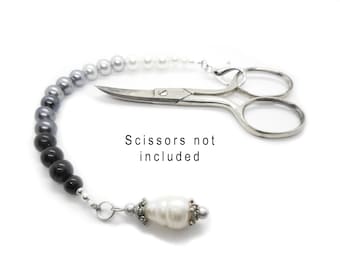 Scissor fob, Zipper Pull, Planner Charm, Shades of Gray w Black and White Faux Pearls, Freshwater Pearl Dangle, Silver tone, lobster Claw