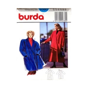 May include: Burda sewing pattern number 4380 for a long coat with a double breasted closure. The pattern includes two different styles, one with a blue coat and the other with a red coat. The pattern is for sizes 30, 40, 42, 44, 46, 48 and 12, 14, 16, 18, 20, 22.