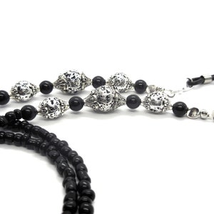 Gothic Glasses Chain, Silvery Hematite Coated Lava Rock, Beaded 8-10mm, Eye Glasses Holder, Strap, barrel beads, silver tone findings 30ins