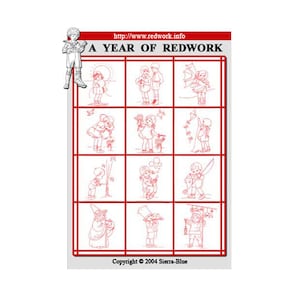 A Year of Redwork Hand Embroidery Pattern, Trace it to fabric, Embroider it, Color, frame and Quilt it, Redwork Monthly, Twelve 8x10 Blocks