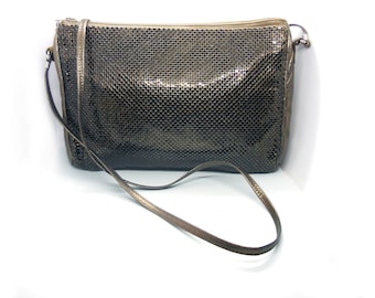 1960s Whiting & Davis Bronze Mesh Evening Shoulder Bag with leather sides and strap, lined, 8 1/2" x 6" x 2 1/2" strap about 42ins Vintage