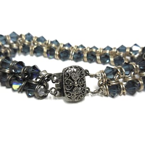 Gothic Beaded Chain mail Bracelet, Aurora Borealis deep teal color Crystals, Silver Chain mail, Silver Filigree closure, 7.5 long .625 wide