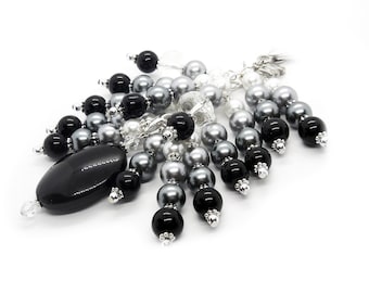 Beaded Chunky Purse Charm, Scissors Fob, Zipper Pull, Planner or Binder Charm, Shades of Gray and Black, Silver tone, lobster claw 4.5ins