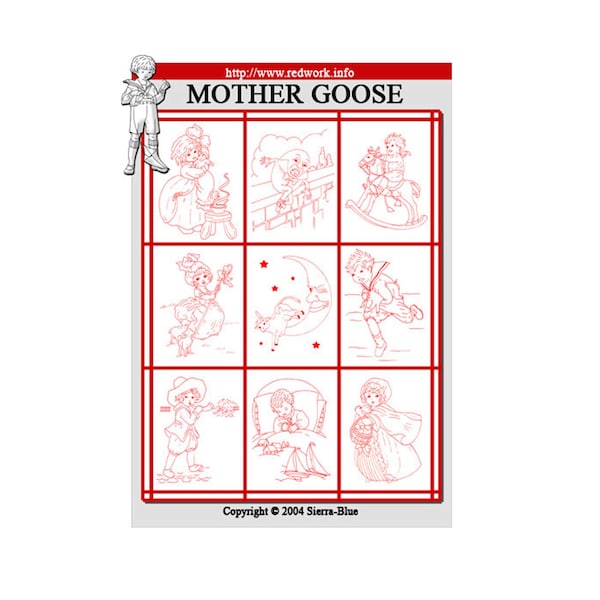 Mother Goose, Redwork Hand Embroidery Patterns, Trace to fabric, Embroider it, Color it, frame it, Quilt it, Nine 8x11 Nursery Rhyme Designs