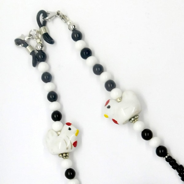 Eye Glass Chain, Chickens, Beaded Glasses Chain, Eye Glass Holder, Eyeglass Strap, Ceramic Chickens, Black Glass Barrels, silvertone, 30in