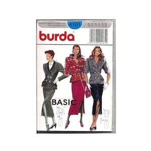 May include: Burda sewing pattern number 4161 for a skirt and jacket. The pattern includes three different styles: a black and white pinstripe skirt and jacket, a red skirt and plaid jacket, and a black skirt and black and white patterned jacket. The pattern is for sizes 36-46 (US sizes 10-20).