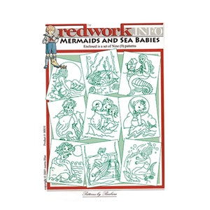 May include: A set of nine black and white line art patterns for embroidery featuring mermaids and sea babies. The patterns are on a white background with a green border. The title "Mermaids and Sea Babies" is at the top of the page. The text "Enclosed is a set of Nine (9) patterns" is below the title.