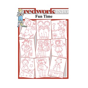 May include: A set of eight redwork embroidery designs featuring children playing. The designs are titled "Fun Time" and are from redwork.info.