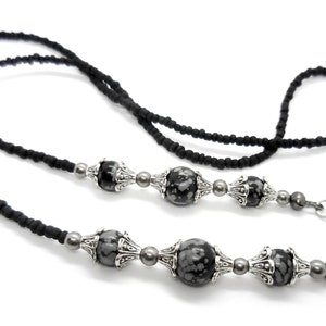Beaded, Snowflake Obsidian, Gothic, Black 10mm and 8mm, Glasses Chain, Eye Glass Chain, Lanyard, Glasses Holder, Necklace, silver tone 30ins