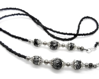 Beaded, Snowflake Obsidian, Gothic, Black 10mm and 8mm, Glasses Chain, Eye Glass Chain, Lanyard, Glasses Holder, Necklace, silver tone 30ins