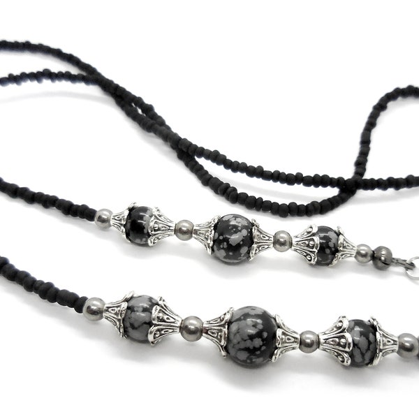 Beaded, Snowflake Obsidian, Gothic, Black 8mm 6mm, Glasses Chain, Eye Glass Chain, Lanyard, Glasses Holder, Necklace, silvertone 30ins