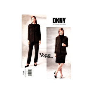 May include: A sewing pattern for a black suit jacket and pants. The pattern is from Vogue Patterns and is designed by DKNY. The pattern number is 1982.