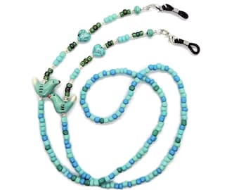 Glasses Chain, Beaded, Nerd leash, Sun Glasses Strap, Reader Chain, Turquoise color hearts, Glass beads, Ceramic Birds, Silver tone, 31 ins