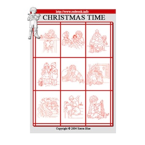 May include: A white rectangular sheet featuring red line art illustrations titled CHRISTMAS TIME with the URL http://www.redwork.info. The grid contains nine scenes of children in various holiday activities, with a small figure in the top left corner.