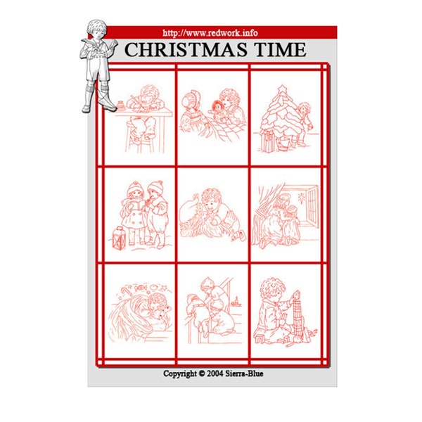 Christmas Time Redwork Hand Embroidery Pattern, Trace it to fabric, Embroider, frame or Christmas Quilt it, Redwork, 9 approx 8x10 Designs