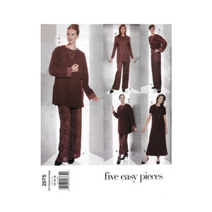 May include: A pattern for five easy pieces of women's clothing. The garments include a long-sleeved top, pants, and a dress, all in a burgundy floral print. The pattern size is 14-16-18.