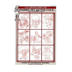 May include: A set of nine embroidery patterns featuring fairies, fey, and wee folk. The patterns are printed in red on a white background and include a variety of designs, such as fairies sitting on mushrooms, fairies flying with wings, and fairies holding flowers.